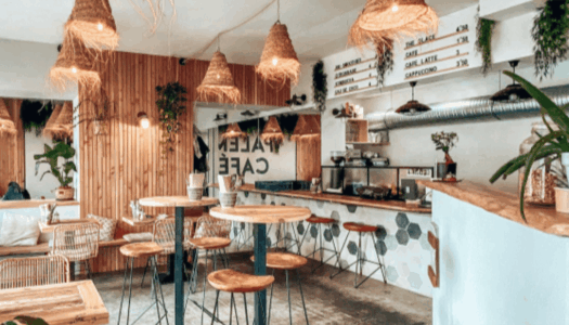 intérieur du cafe avec une décoration végétale et boisée